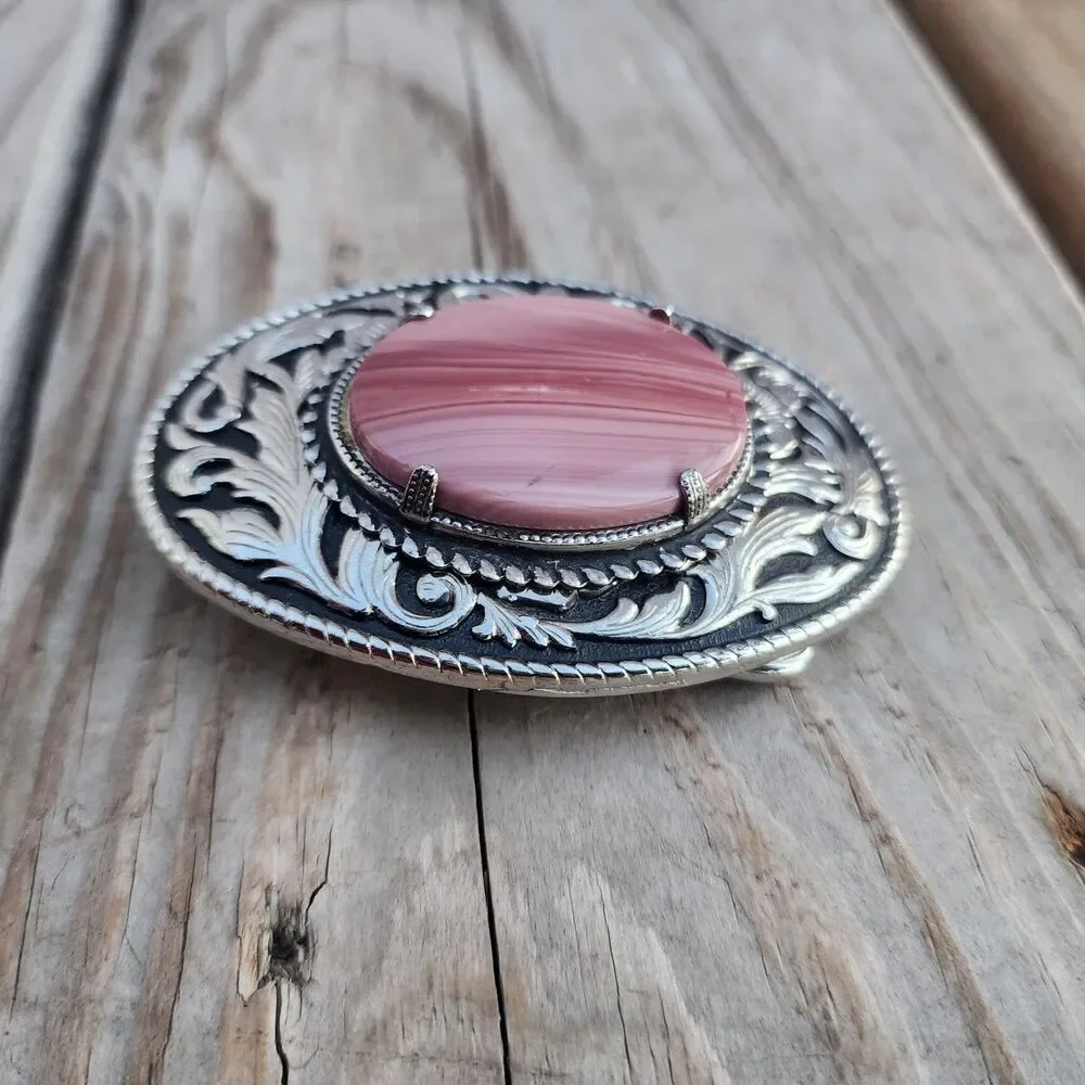 VINTAGE Rare Western Tooled Silver Belt Buckle with Pink Fiesta Agate GemStone